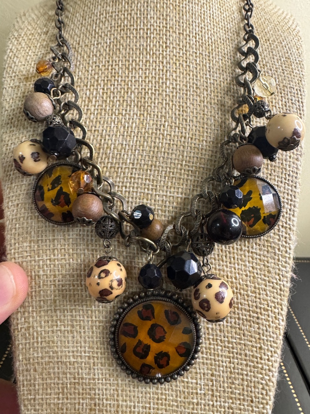 Vintage Signed Leopard Print Statement Necklace - Brown & Black